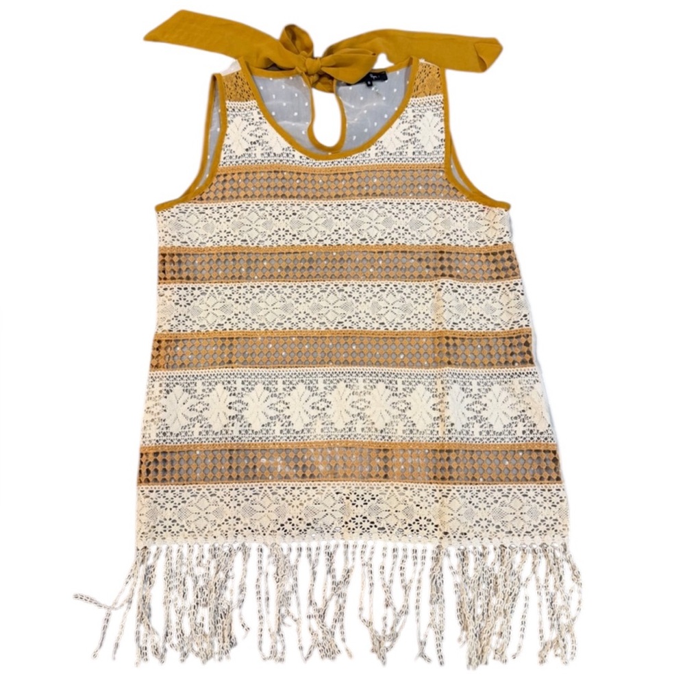 RYU Lace Fringe Sleeveless Top | Boho Tie Neck | Size Small‎